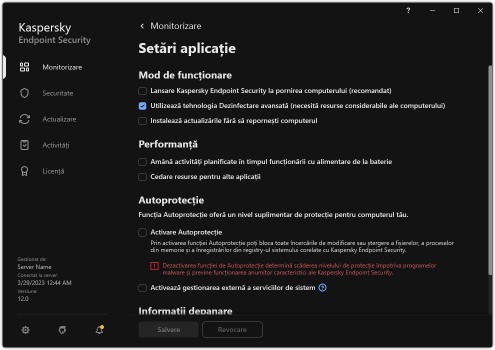 Fereastra cu setările aplicației. Utilizatorul poate configura performanța, autoprotecția și alte setări.
