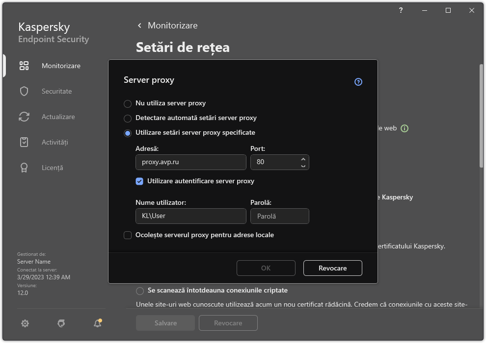 Fereastra pentru configurarea conexiunii serverului proxy. Utilizatorul poate seta adresa serverului proxy și acreditările pentru conectarea la serverul proxy.