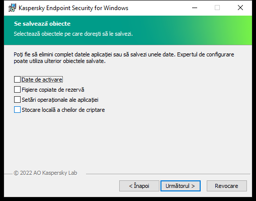 Fereastra de instalare cu o listă de obiecte care pot fi salvate după eliminarea aplicației.