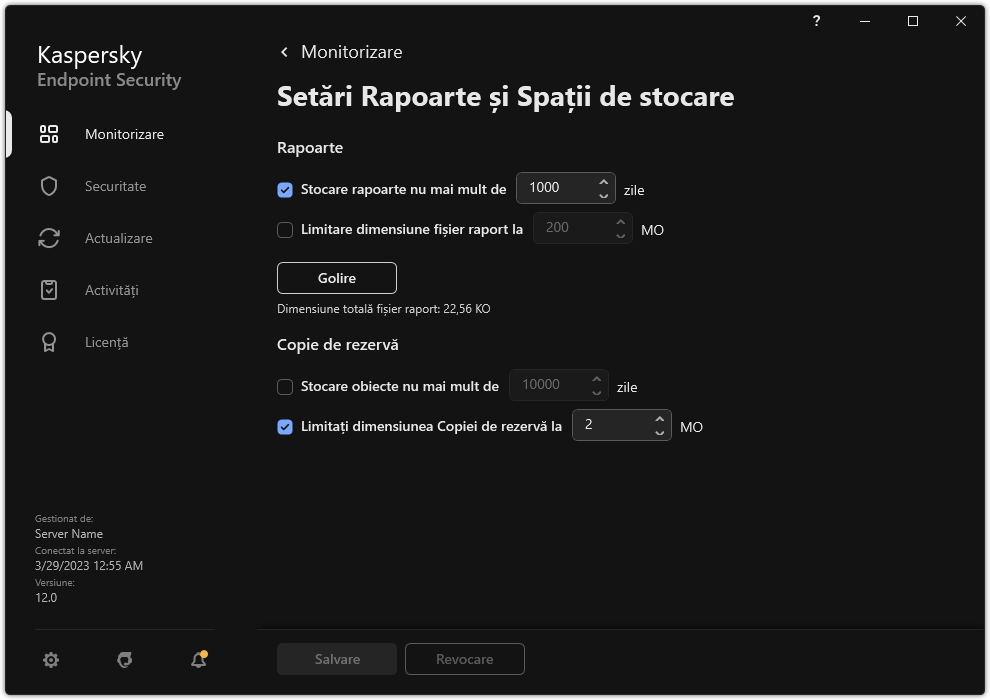 Fereastra pentru Setări Rapoarte și Spații de stocare. Utilizatorul poate seta dimensiunea și limita timpul de stocare a rapoartelor și obiectelor din depozit.