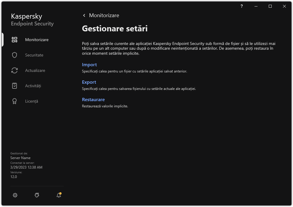 Fereastra cu setările excluderilor. Utilizatorul poate exporta, importa sau restaura setările aplicației.