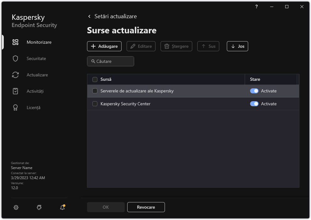 O fereastră cu lista surselor de actualizare. Utilizatorul poate adăuga surse de actualizare și poate atribui o prioritate sursei.