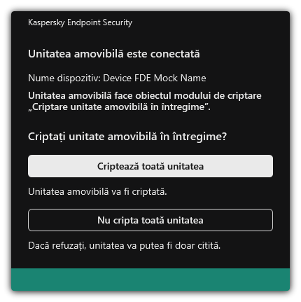 Notificare despre o unitate conectată cu criptarea fișierelor activată. Utilizatorul poate cripta fișierele sau poate refuza.