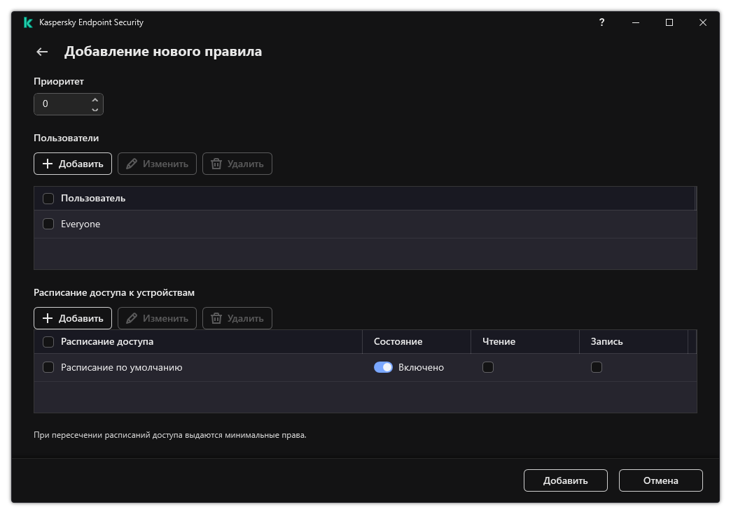 Окно настройки правила Контроля устройств. Пользователь может назначить приоритет правила, добавить пользователей в правило и задать расписание работы правила.