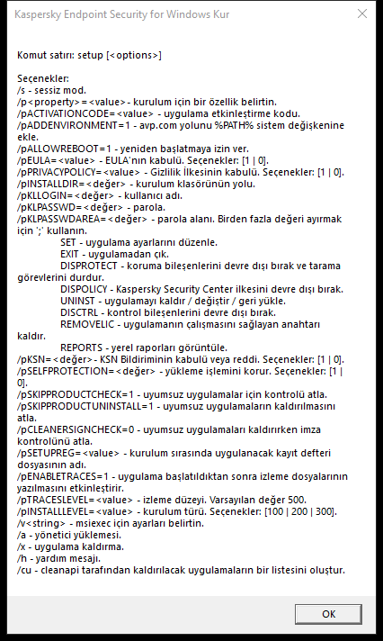 Uygulamayı CMD aracılığıyla yüklemek için komut seçeneklerini açıklayan araç ipucu penceresi.