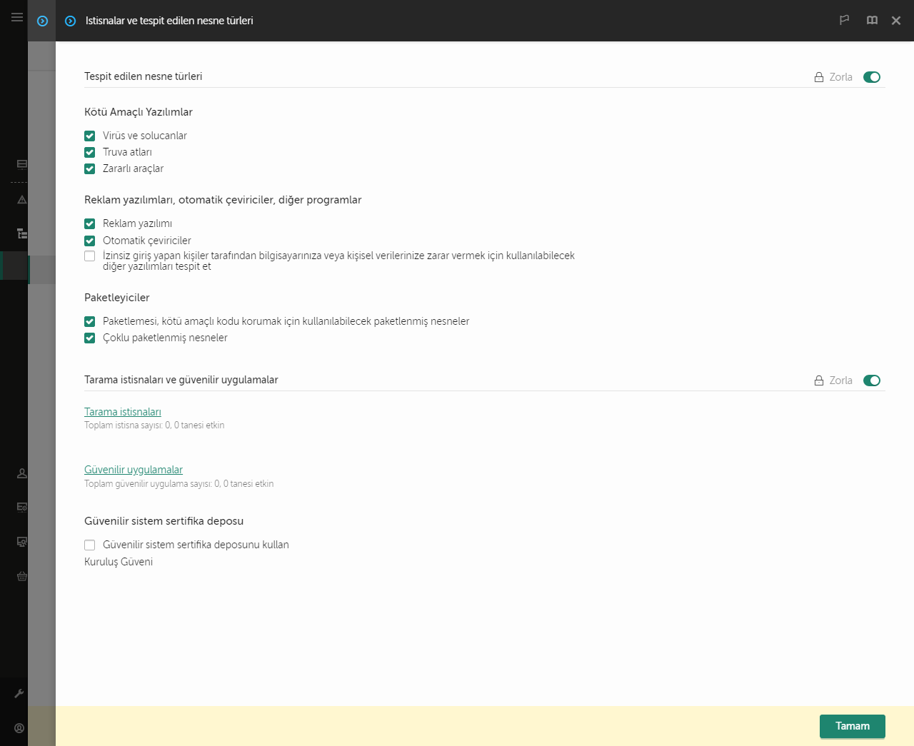 İstisna ayarları penceresi. Kullanıcı, istisnalar ve güvenilir uygulamalar ekleyebilir.