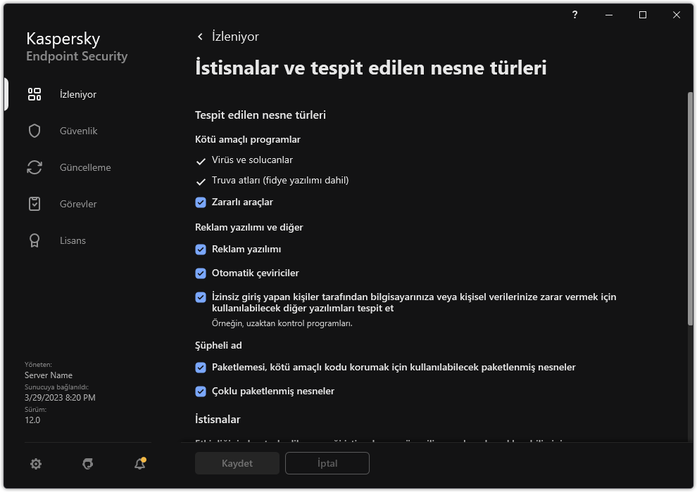 İstisna ayarları penceresi. Kullanıcı, algılanan nesne türlerini seçebilir ve nesneleri istisnalara ekleyebilir.