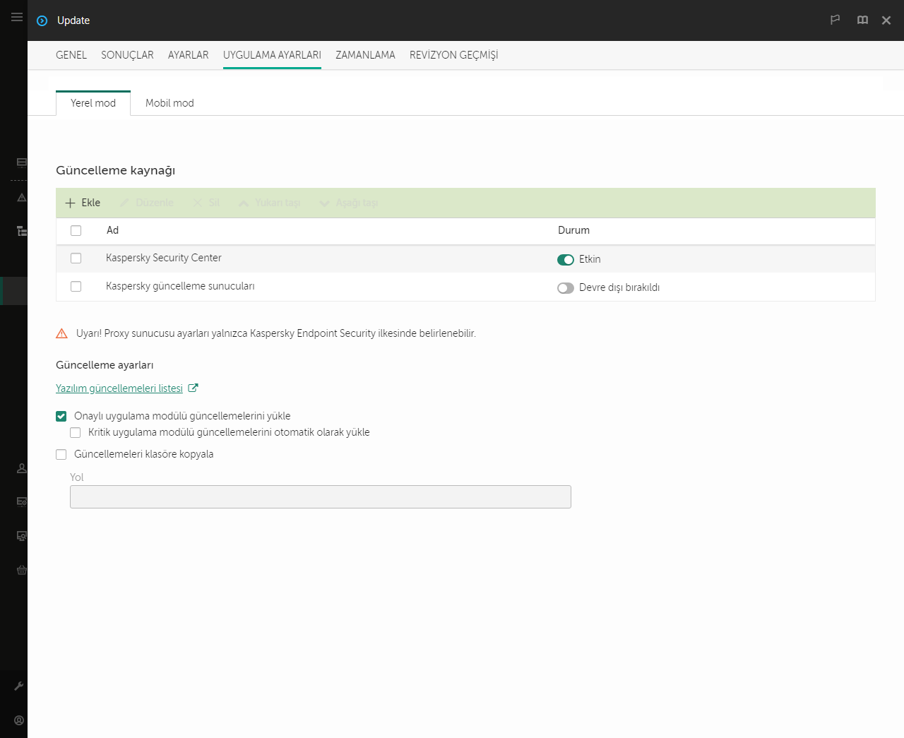 Güncelleme kaynaklarının listesini içeren bir pencere. Kullanıcı güncelleme kaynakları ekleyebilir ve kaynağa bir öncelik atayabilir.