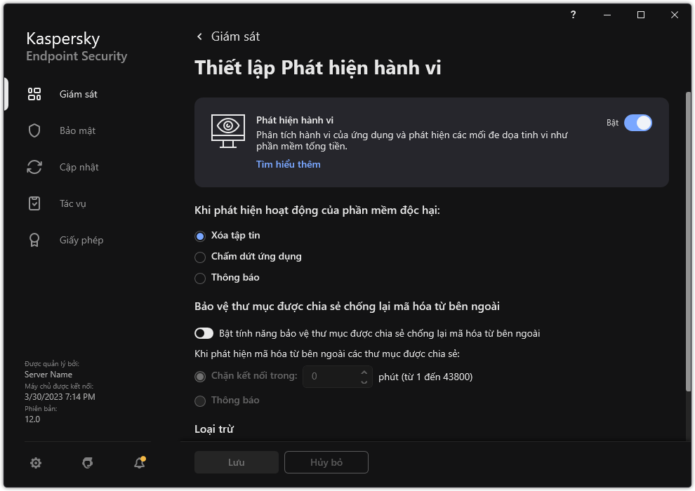 Cửa sổ thiết lập Phát hiện hành vi.