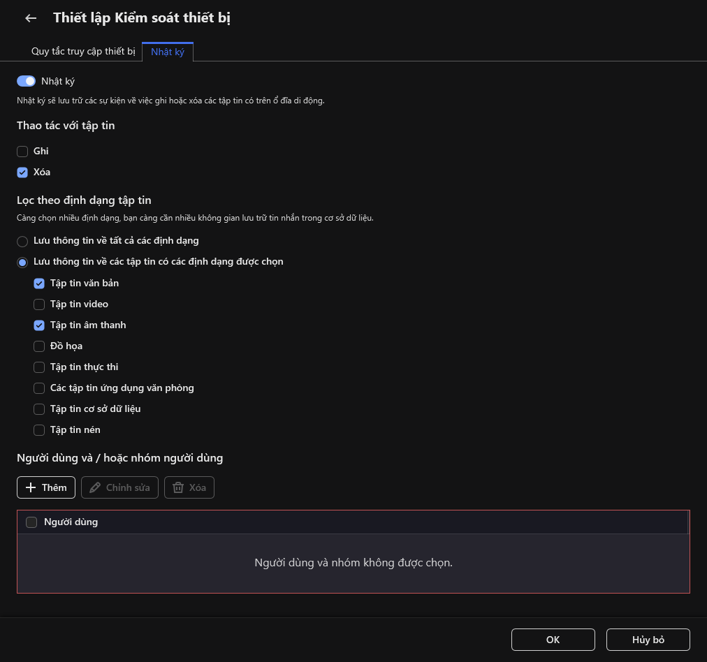 Cửa sổ để cấu hình ghi nhật ký sự kiện về việc sử dụng ổ đĩa di động. Người dùng có thể chọn các sự kiện để được ghi lại.