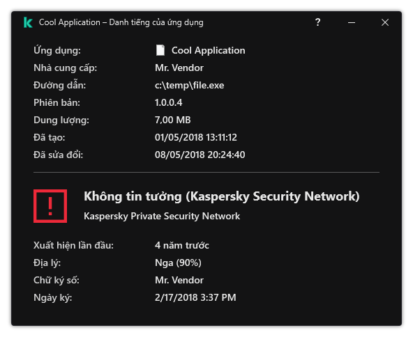 Cửa sổ chứa thông tin về danh tiếng của tập tin và dữ liệu khác, như sự hiện diện của chữ ký số.