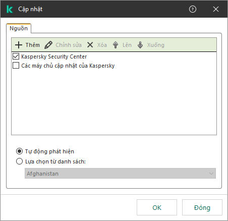 Một cửa sổ chứa danh sách các nguồn cập nhật. Người dùng có thể thêm các nguồn cập nhật và chỉ định mức độ ưu tiên cho nguồn đó.