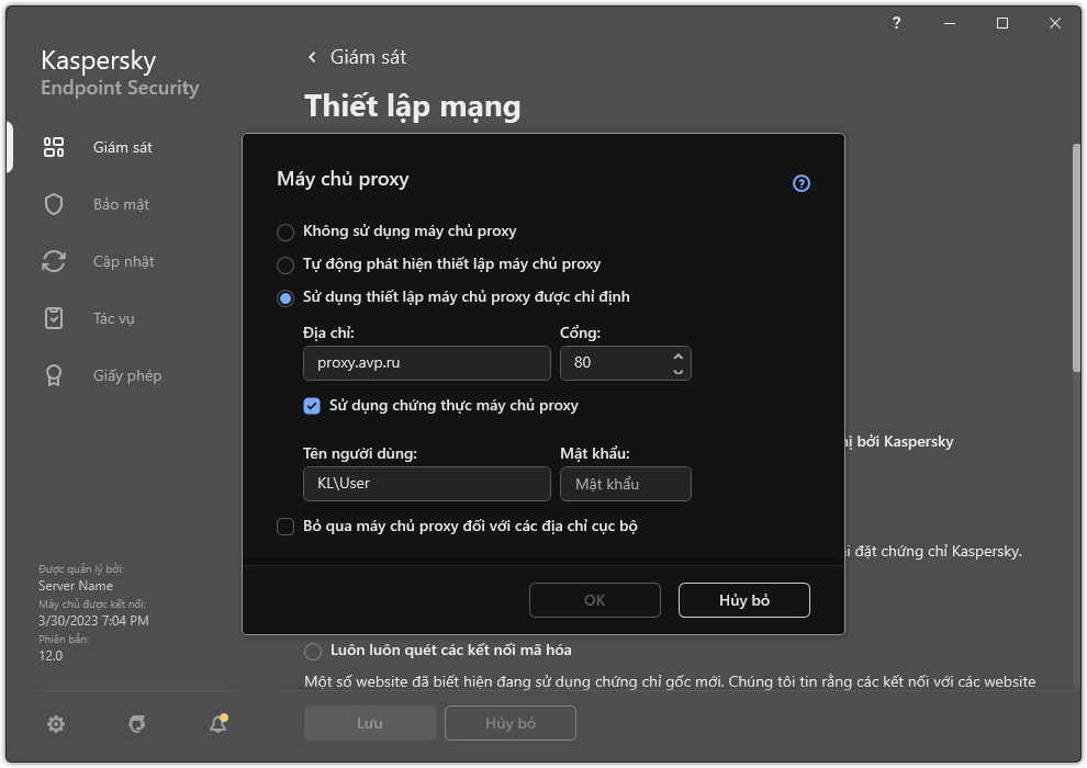 Cửa sổ để cấu hình kết nối máy chủ proxy. Người dùng có thể đặt địa chỉ của máy chủ proxy và thông tin đăng nhập để kết nối với máy chủ proxy.