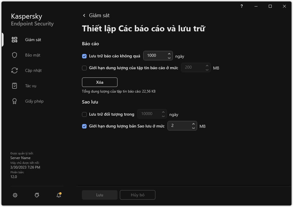 Cửa sổ thiết lập Các báo cáo và lưu trữ. Người dùng có thể thiết lập kích thước và giới hạn thời gian lưu trữ các báo cáo, đối tượng trong kho.