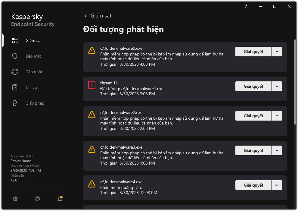 Một cửa sổ chứa danh sách các đối tượng được phát hiện. Thông tin về đối tượng được hiển thị. Người dùng có thể giải quyết hoặc xóa bỏ đối tượng.