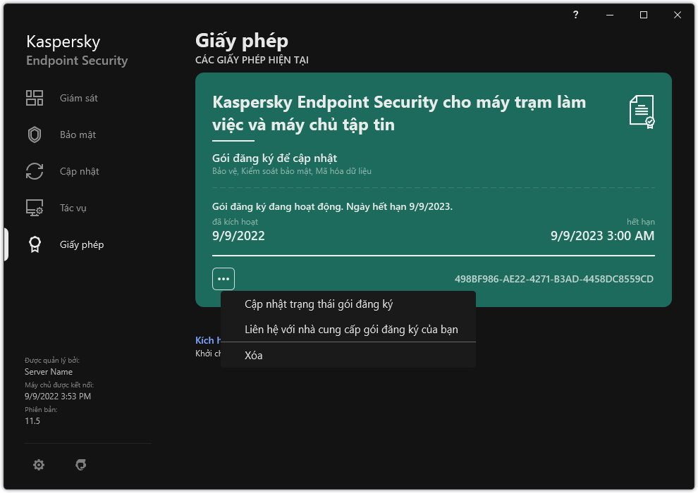 Cửa sổ chứa thông tin về giấy phép. Người dùng có thể cập nhật trạng thái gói đăng ký, liên hệ với nhà cung cấp gói đăng ký hoặc xóa giấy phép.
