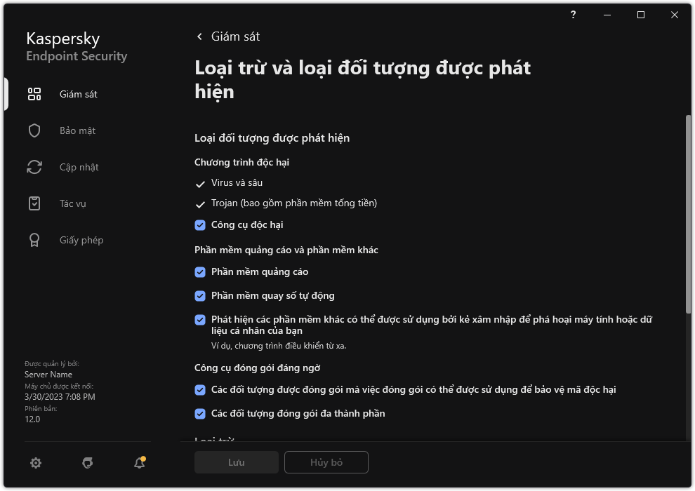 Cửa sổ thiết lập loại trừ. Người dùng có thể chọn loại đối tượng được phát hiện và thêm đối tượng vào mục loại trừ.