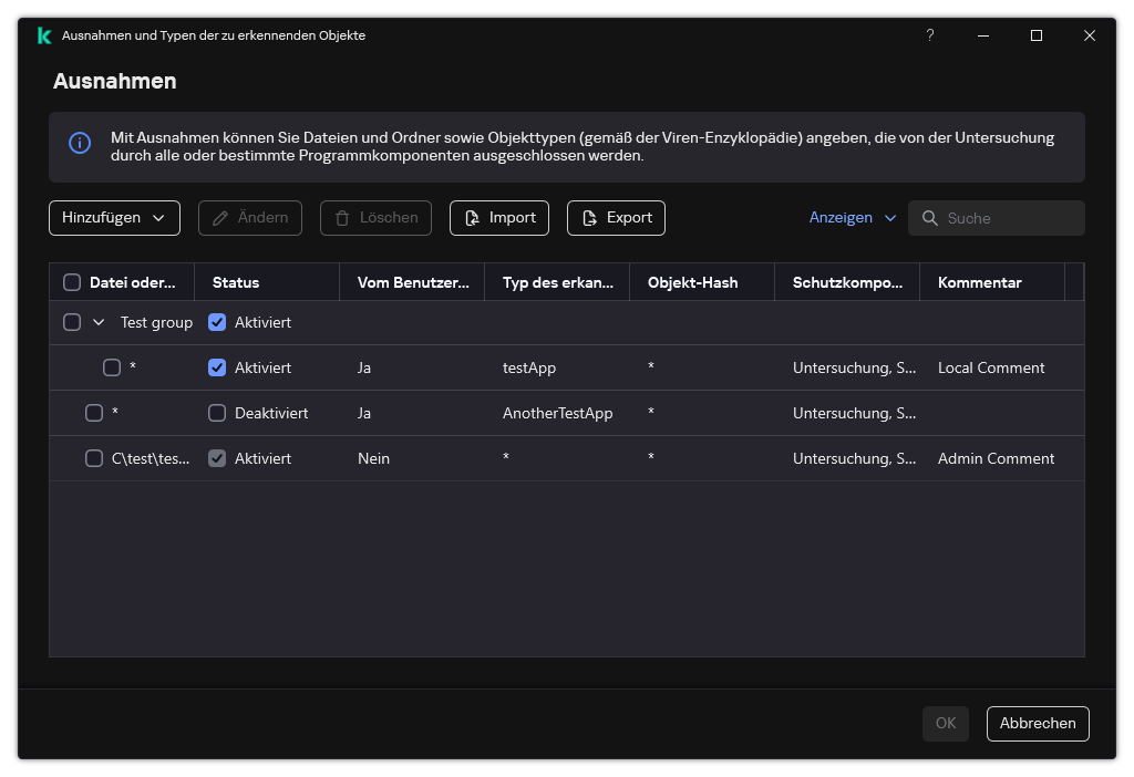 Ein Fenster mit der Liste der Ausnahmen. Die Eigenschaften der Ausnahme werden angezeigt. Der Benutzer kann Ausnahmen hinzufügen, bearbeiten oder löschen.