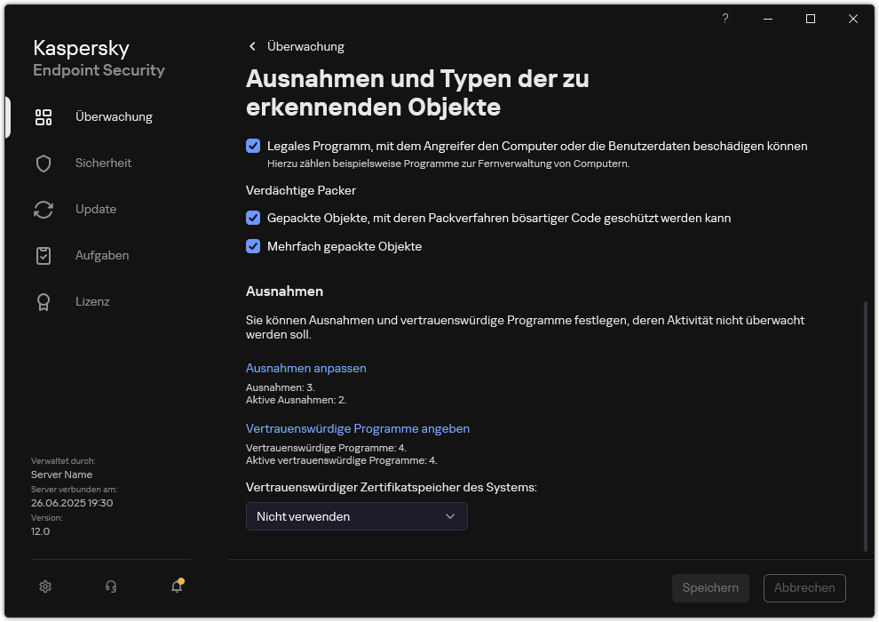 Fenster mit Einstellungen für Ausnahmen. Der Benutzer kann Ausnahmen und vertrauenswürdige Apps hinzufügen.