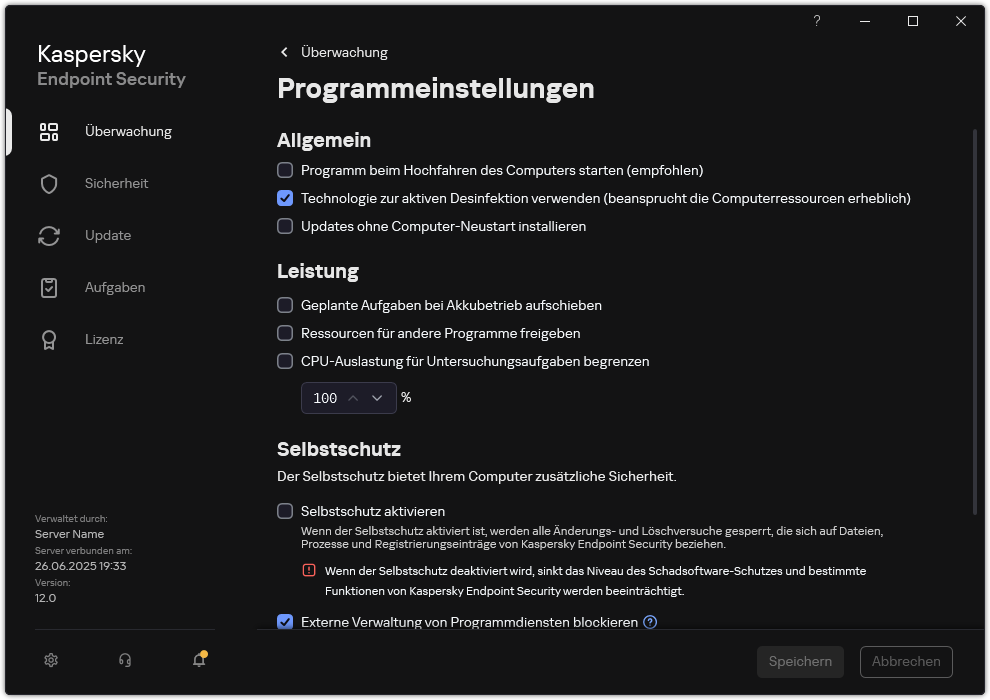 Fenster mit den App-Einstellungen. Der Benutzer kann Leistung, Selbstschutz und sonstige Einstellungen konfigurieren.