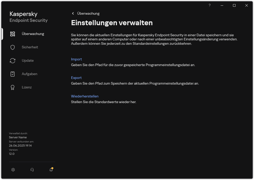 Fenster mit Einstellungen für Ausnahmen. Der Benutzer kann App-Einstellungen exportieren, importieren oder wiederherstellen.