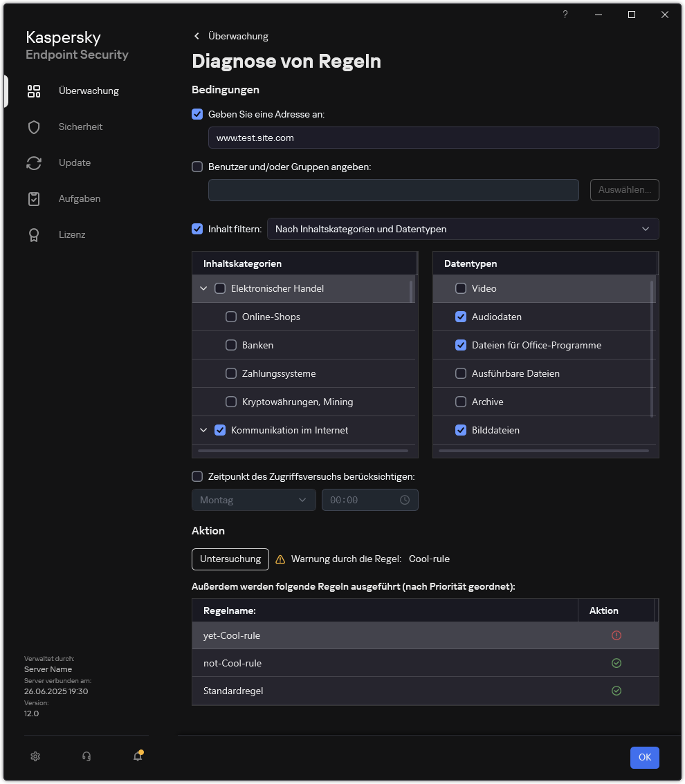 Fenster mit Testergebnissen für eine Webressource.