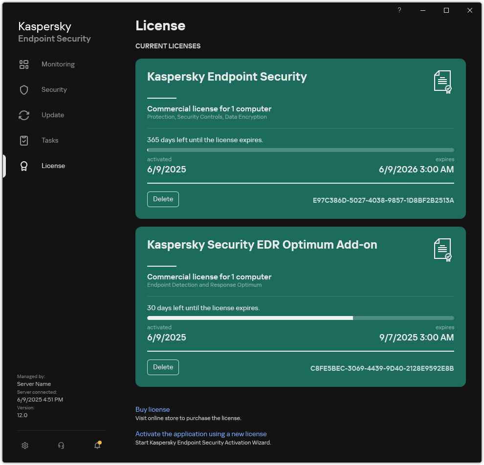 Window with current licenses.