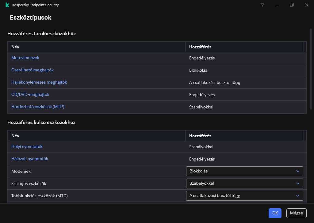 Az eszközökhöz való hozzáférés konfigurálására szolgáló ablak. A felhasználó konfigurálhatja a hozzáférést az eszközökhöz, és beállíthat további hozzáférési paramétereket, például a hozzáférési ütemezést.