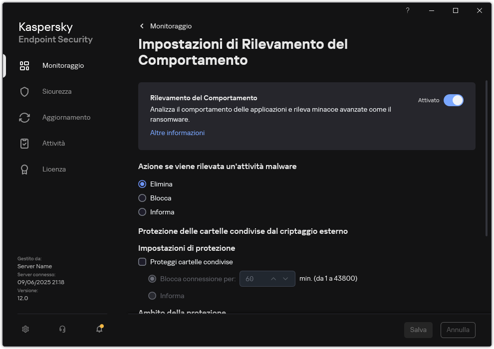 Finestra Impostazioni di Rilevamento del Comportamento.