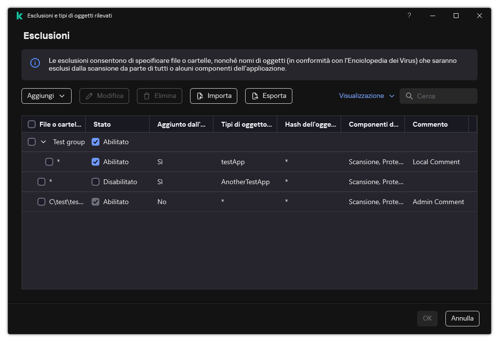 Una finestra con l'elenco delle esclusioni. Vengono visualizzate le proprietà di esclusione. L'utente può aggiungere, modificare o eliminare le esclusioni.