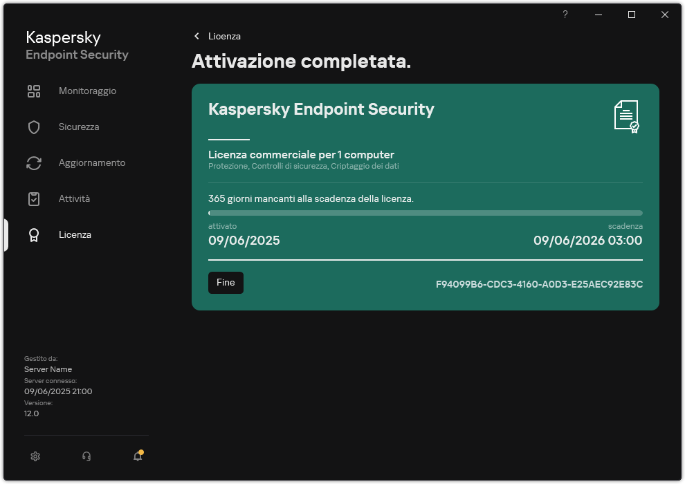 La finestra contiene informazioni sulla licenza: data di scadenza, funzioni disponibili e altre informazioni.