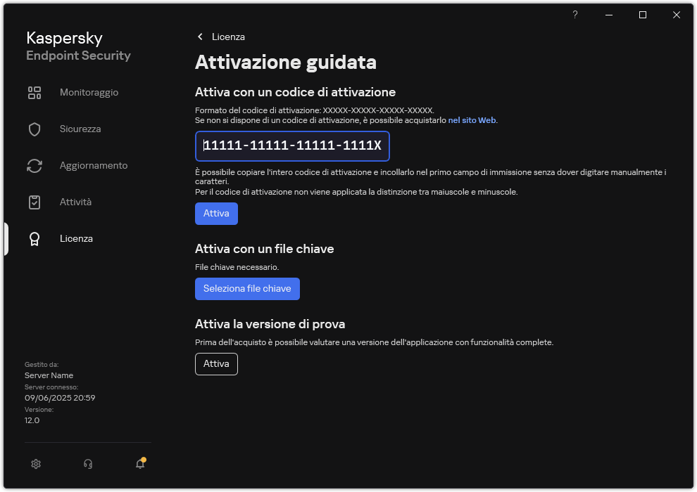 Finestra con gli strumenti di attivazione dell'applicazione. L'utente può immettere un codice di attivazione o selezionare un file chiave.