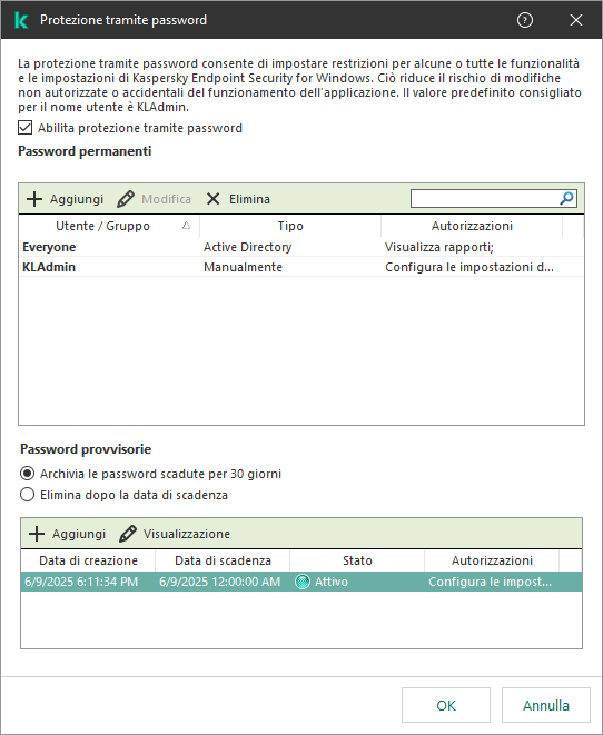 Finestra Gestione delle password provvisorie.