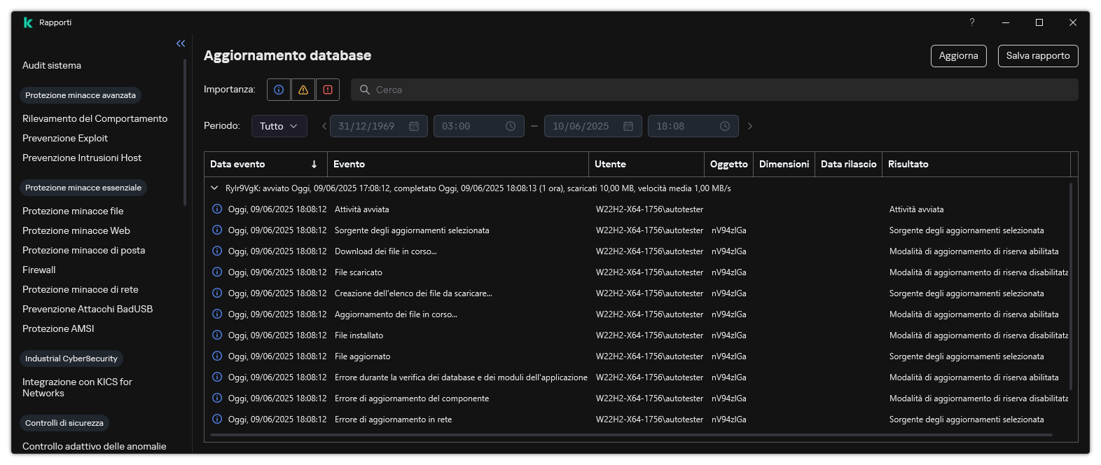 Una finestra con l'elenco degli eventi nel rapporto. L'utente può filtrare/ordinare gli eventi e salvare i rapporti in un file.