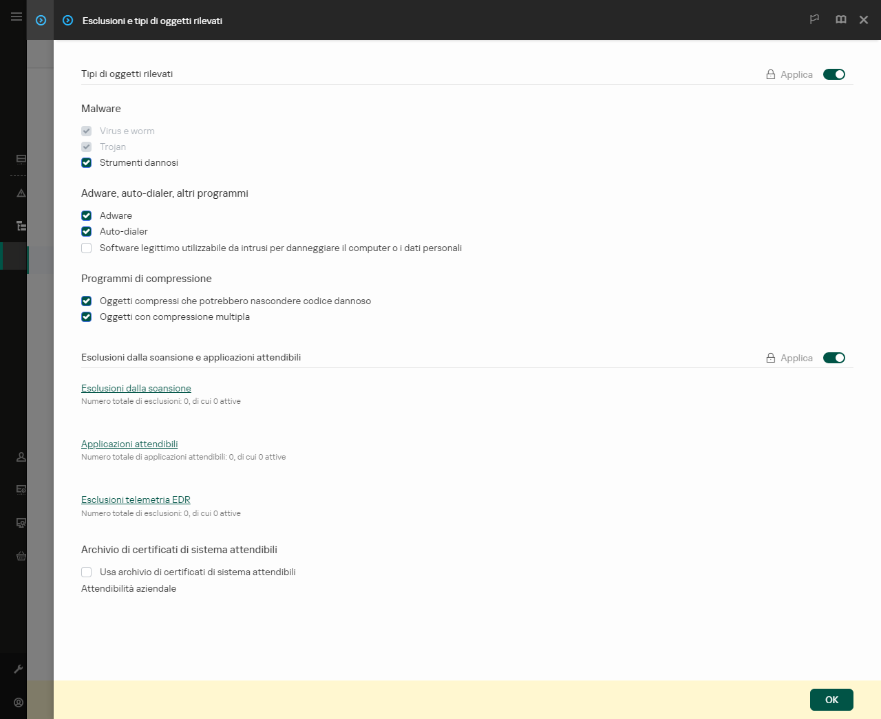 Finestra delle impostazioni di esclusione. L'utente può aggiungere esclusioni e applicazioni attendibili.