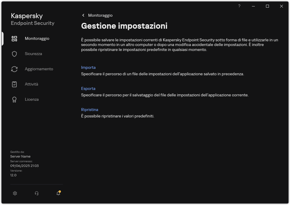 Finestra delle impostazioni di esclusione. L'utente può esportare, importare o ripristinare le impostazioni dell'applicazione.