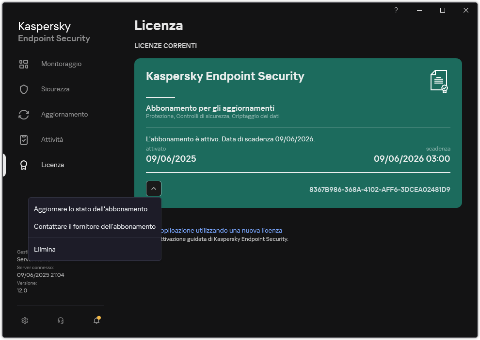 La finestra con le informazioni sulla licenza. L'utente può aggiornare lo stato dell'abbonamento, contattare il fornitore dell'abbonamento o rimuovere la licenza.