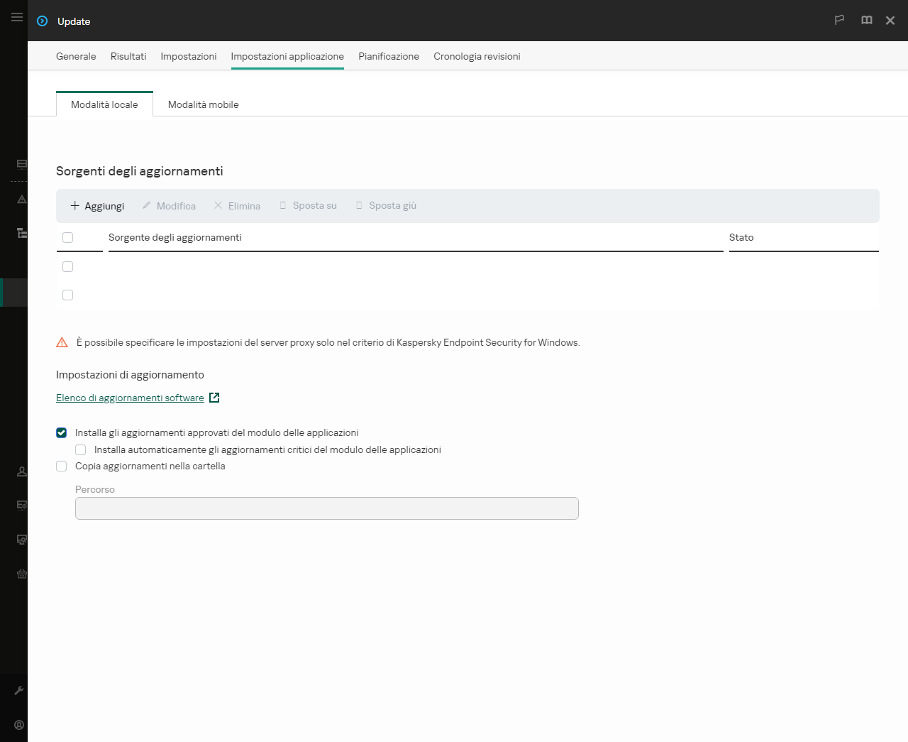 Una finestra con l'elenco delle sorgenti degli aggiornamenti. L'utente può aggiungere sorgenti degli aggiornamenti e assegnare una priorità alla sorgente.