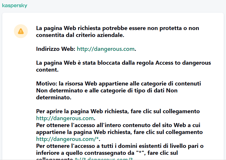 Notifica di Kaspersky relativa alla visita di una pagina Web potenzialmente non sicura nella finestra del browser. L'utente può creare una richiesta per accedere alla risorsa Web.