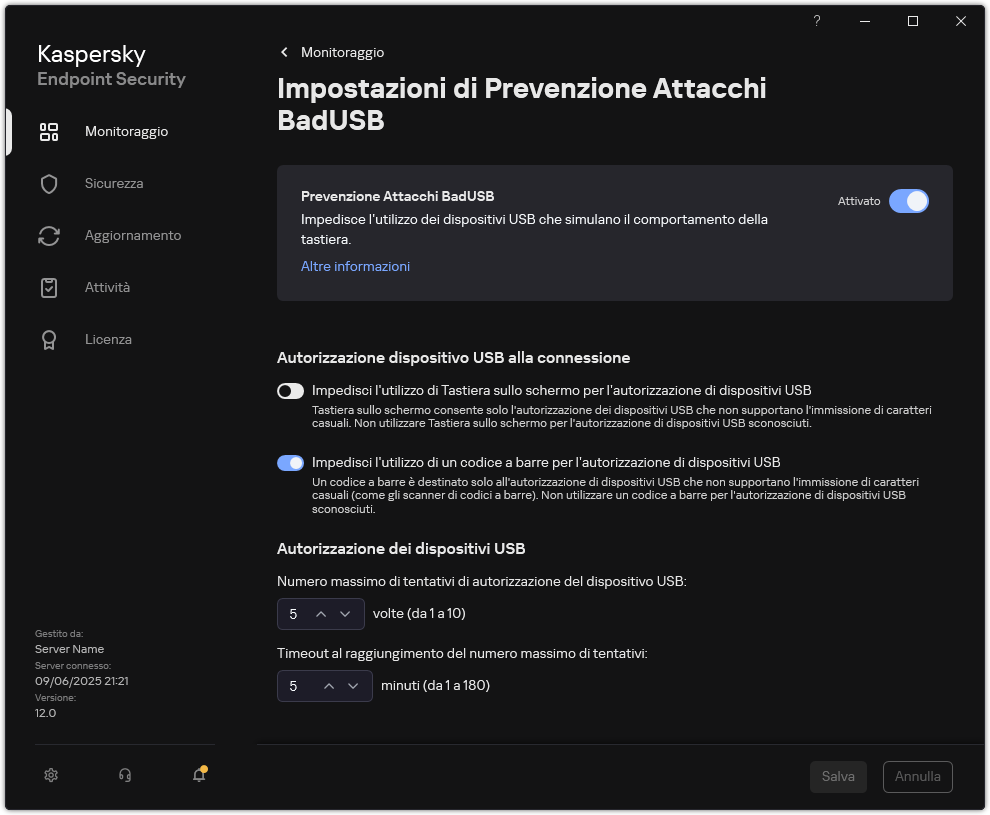 Finestra delle impostazioni di Prevenzione Attacchi BadUSB.