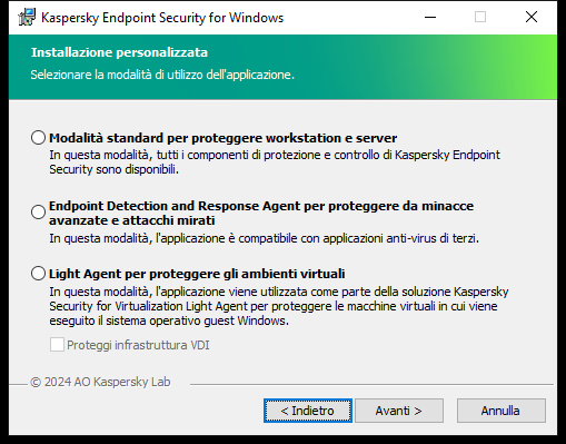 Finestra del programma di installazione con configurazione dell'applicazione: funzionalità complete o Endpoint Detection and Response Agent.