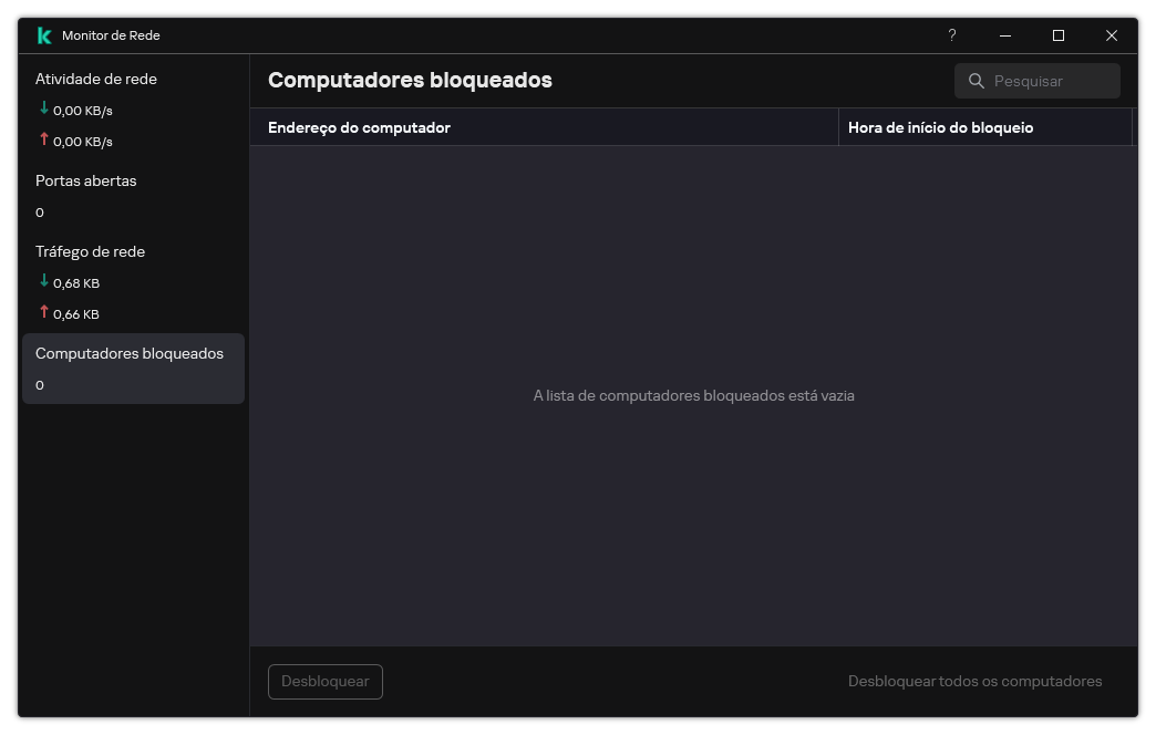 Janela do Monitor de Rede com a lista de computadores bloqueados. É possível desbloquear computadores individuais ou todos os computadores.