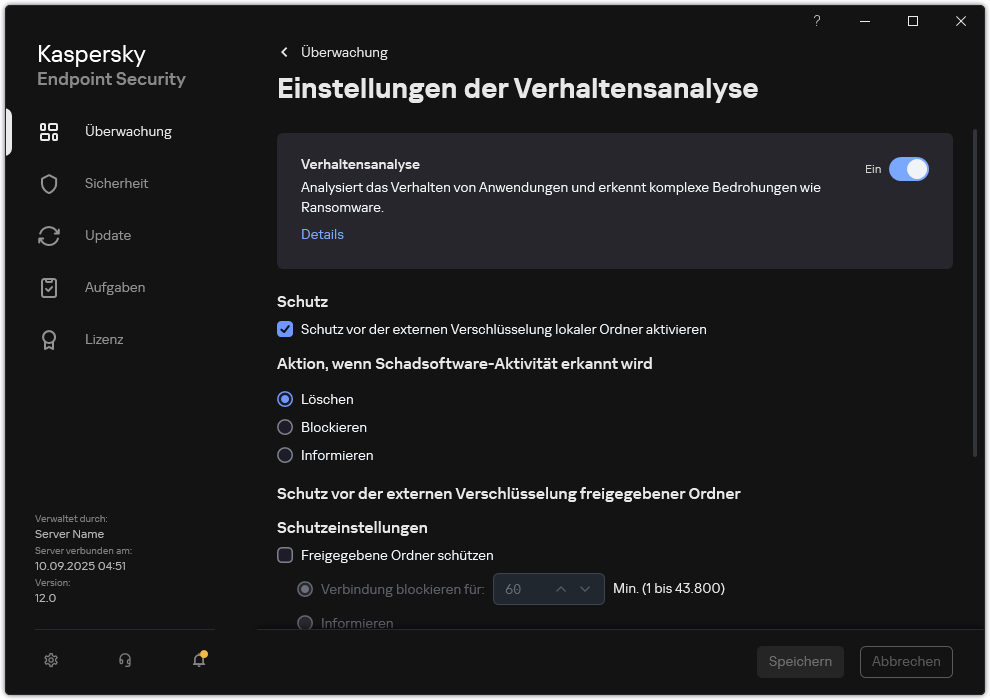 Fenster mit den Einstellungen der Verhaltensanalyse.