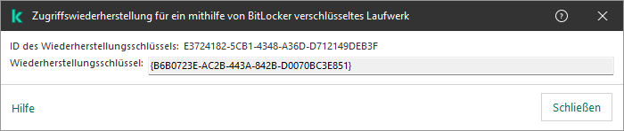 Ein Fenster mit dem Schlüssel zur Wiederherstellung des Zugriffs auf das verschlüsselte Nicht-Systemlaufwerk.