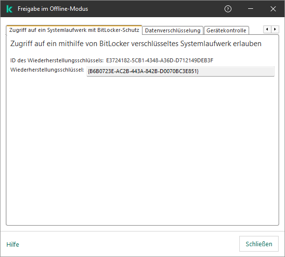 Ein Fenster mit dem Schlüssel zur Wiederherstellung des Zugriffs auf das verschlüsselte Systemlaufwerk.