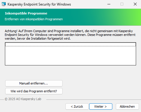 Fenster des Installationsprogramms mit einer Liste der inkompatiblen Software. Der Benutzer kann die Entfernung inkompatibler Software starten.