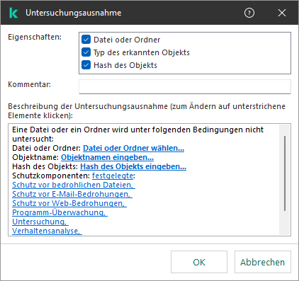 Ein Fenster mit Auswahlwerkzeugen für Ausnahmen. Der Benutzer kann eine Datei oder einen Ordner auswählen bzw. einen Objektnamen oder Hash eingeben.