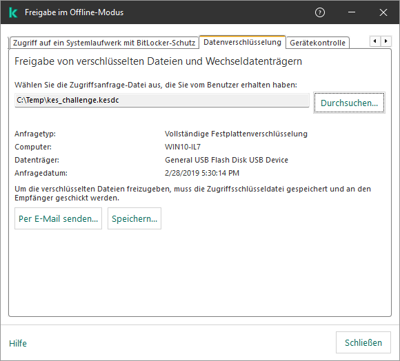 Das Fenster enthält ein Feld zur Auswahl einer Zugriffsanfrage-Datei. Der Benutzer kann den erstellten Schlüssel auf der Festplatte speichern oder per E-Mail versenden.