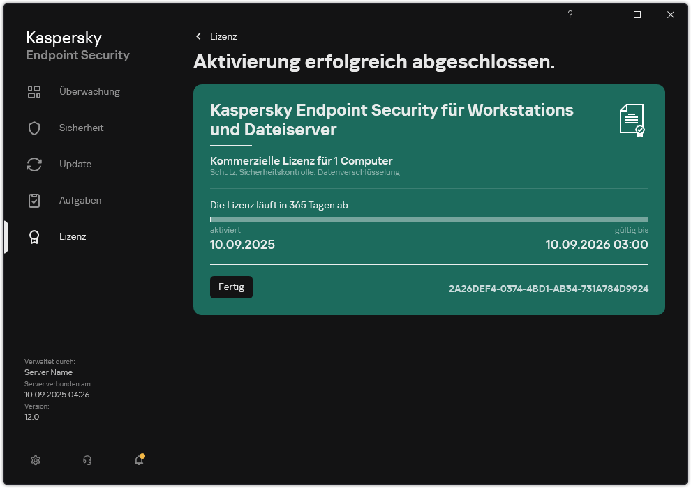 Das Fenster enthält Informationen über die Lizenz: Ablaufdatum, verfügbare Funktionen und andere Informationen.