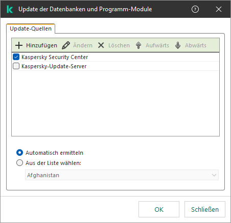Ein Fenster mit einer Liste der Update-Quellen. Der Benutzer kann Update-Quellen hinzufügen und jeder Quelle eine Priorität zuweisen.